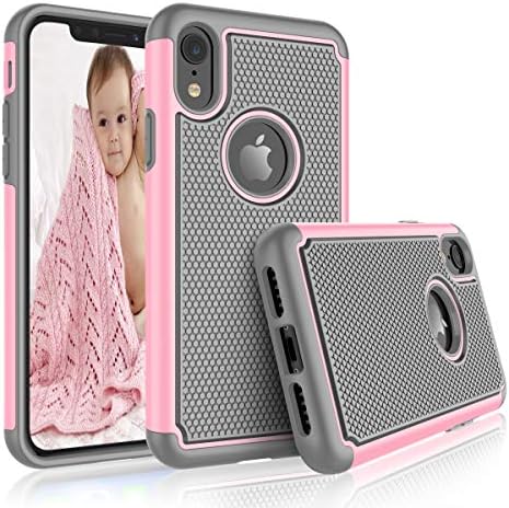 iPhone XR Phone Case, Eutekcoo [Tmajor Series] [Plastic PC+ Silicone] Shock Absorbing Hybrid 2 In 1 Combo Rubber Plastic Rugged Slim Hard Impact Defender Protective Back Case Bumper Cover for iPhone XR 6.1 inch- Baby Pink/Grey