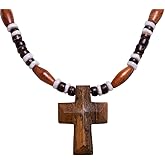 BlueRica Hand Carved Wood Cross on Brown Coconut & Puka Shell Beads Necklace (18")