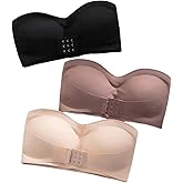 OYOANGLE Women's 3 Pack Front Closure Strapless Bandeau Bras Wireless Push Up Comfy Padded Bralettes