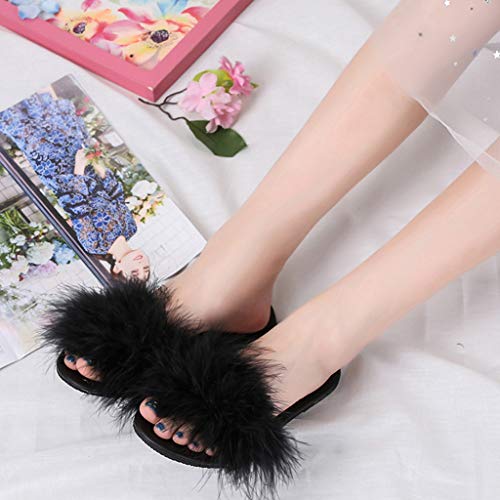 Plush Slippers for Women，Londony Soft Plush Fleece House/Outdoor Slippers Memory Foam Slip On Anti-Skid Sole Black - Thumbnail 6