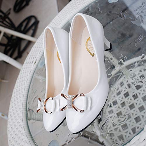 Goldweather Women's Slip On Pumps Shoes Ladies Bowknot Round Toe Mid Heel Dress Party Wedding Shoes Work Shoes White