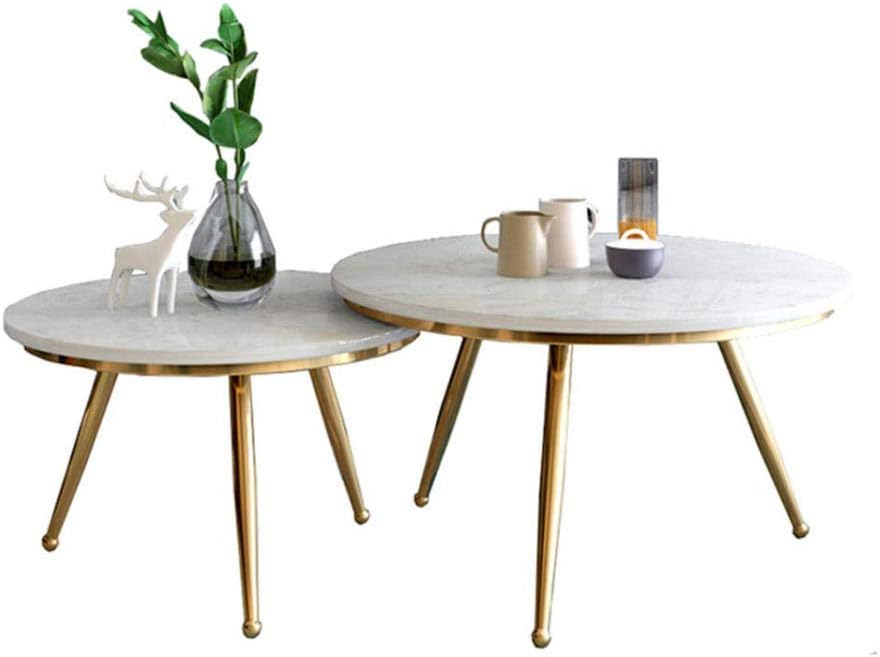 Modern Coffee Table Set of 2 Nesting Side Corner Tables Coffee End Tables Round Sofa Table for Living Room, 3 Metal Golden Legs & Marble Deskop,white 80 * 45cm