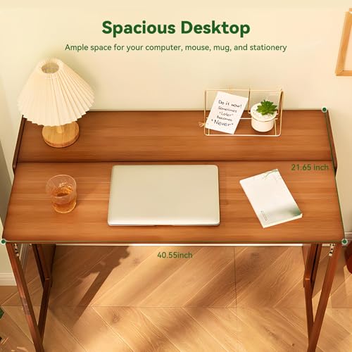 Bamboo Folding Desk Mid Century Modern Desk for Home Office Bedroom Small Spaces, Brown，40.55"/103cm Long Desktop
