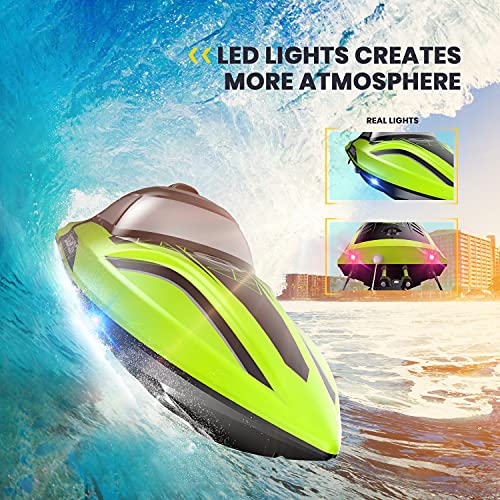 DEERC RC Boat with LED Light, 30+ Mins, Self Righting Remote Control Boat for Pools & Lakes, 20+ MPH, 2.4GHz Racing Boats, 2 Battery, Summer Pool Toys for Kids