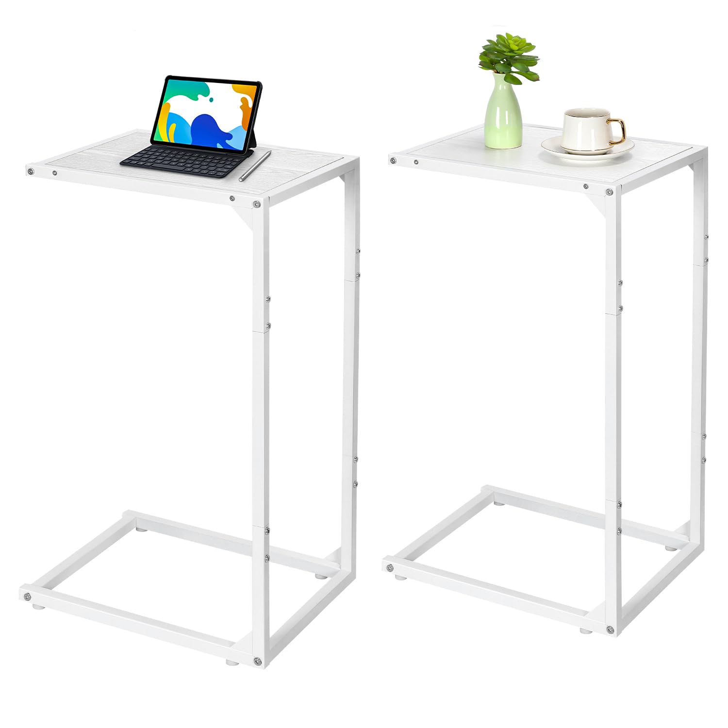 MOOACE C Shaped End Table Set of 2, Snack Side Tables for Sofa, Couch Table for Small Space That Slide Under, TV Trays for Living Room Bedroom, Strong and Stable with Metal Frame, Ash White