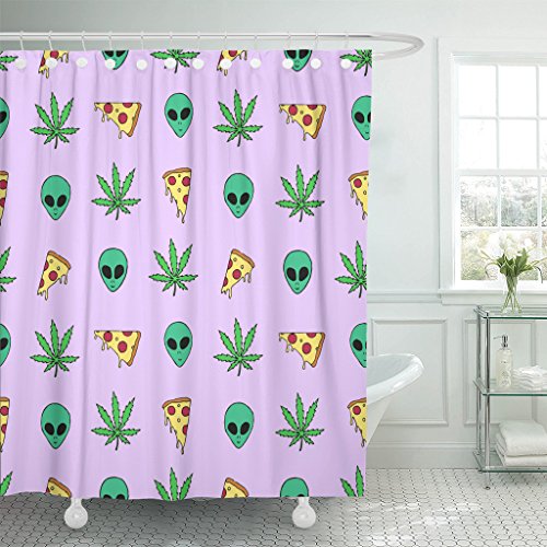TOMPOP Shower Curtain Pattern Trippy Marijuana Leafs Pizza Slices and Aliens Cannabis Waterproof Polyester Fabric 72 x 72 Inches Set with Hooks