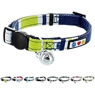 Pawtitas Pet Soft Adjustable Multicolor Cat Collar with Safety Buckle and Removable Bell Green / White / Blue