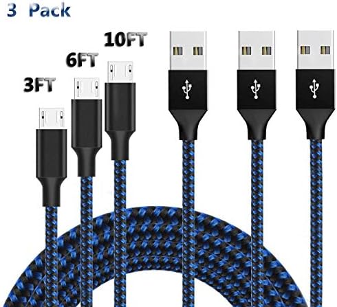 Micro USB Sync Cable, 3 pack (3ft 6ft 10ft/1m 2m 3m) High Speed Charger Cable Nylon Braided Fast Charging Data Cords with Metal Connectors Compatible with Smartphone&Tablets and More Android Devices