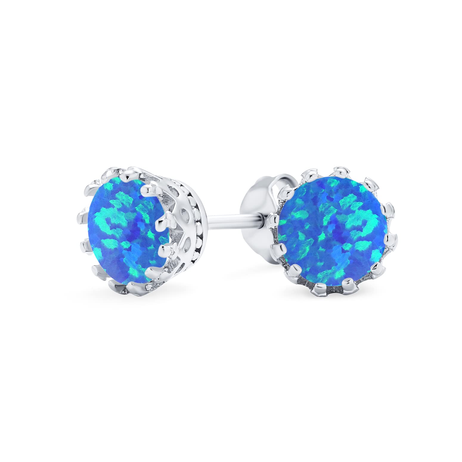 Iridescent Crown Setting Created Blue Opal Solitaire Crown Stud Earrings .925 Sterling Silver Iridescent 6MM October Birthstone — image 1
