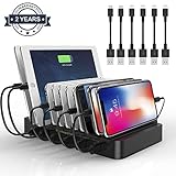 Charging Station 10 Ports USB Dock - 60W Multi-Port Stand Desktop Organizer with Built-in Retractable Cables Charges Multiple Devices for iPad, Samsung, Tablet, Kindle