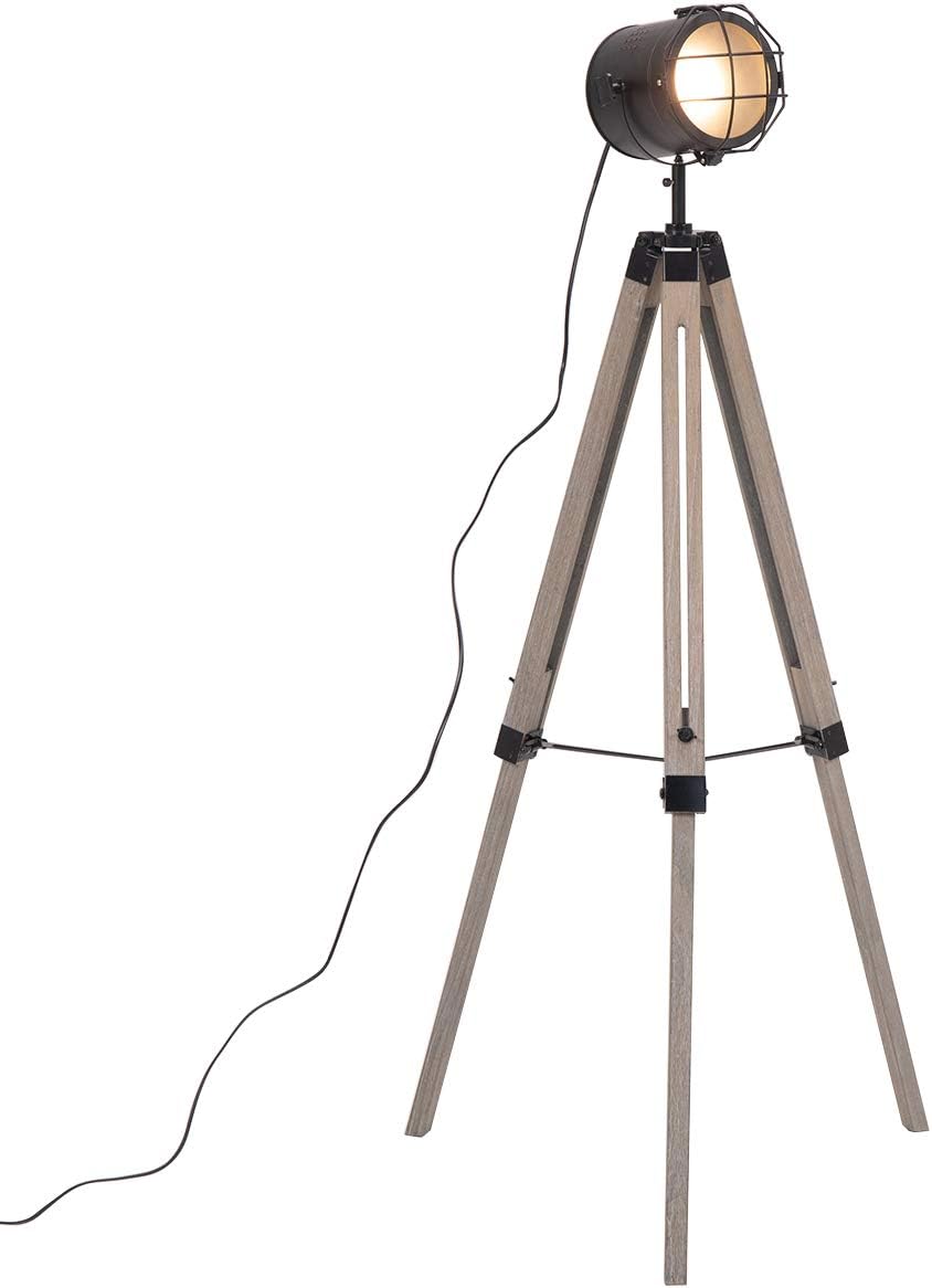 Simhoo Industrial Vintage Tripod Floor Lamps with E12 Bulb Base, Wooden Light Fixtures,Spotlight Nautical Searchlight, Cinema Movie Props Black Metal/Antique Wood(Without Bulb)