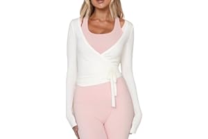 DANCENTER Women Ballet Wrap Top Long Sleeve Self Tie Dance Shirt Pilates Yoga Tops Y2k Workout Active Blouses