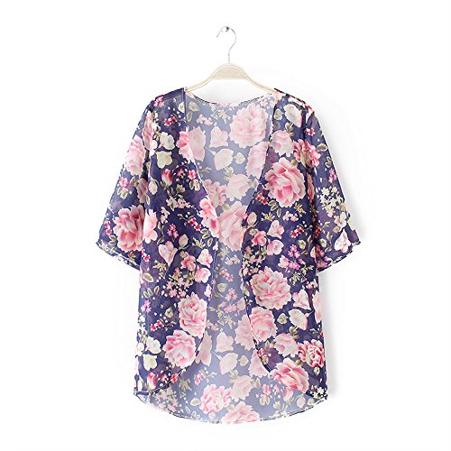 HTDBKDBK Women Causal Floral Print Short Sleeve Short Kimono Loose Cardigan Chiffon Top Blouse Shawl Cover Up Blue - Thumbnail 3