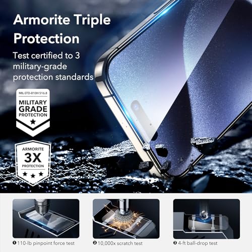 ESR Armorite Screen Protectors for iPhone 15 Pro Max, Ultra-Resistant Tempered Glass, Adjustable, 3 Pack with 3 Set of Individual Camera Lens Protectors