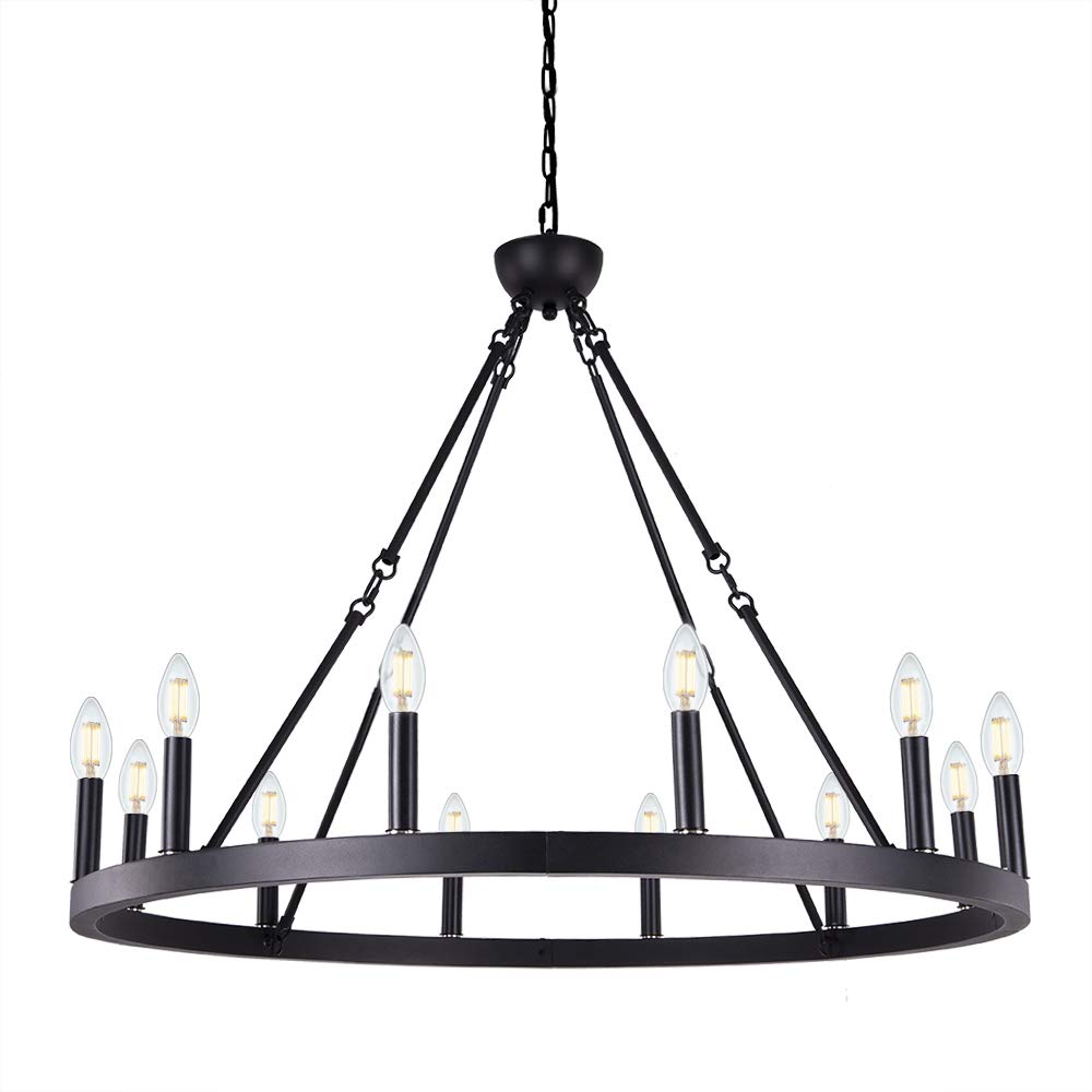 Acroma 12-Light Black Wagon Wheel Chandelier Diam 38 inch, Farmhouse Industrial Country Style Large Round Pendant Light Fixture for Dining Room, Kitchen Island