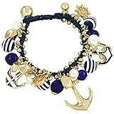 Chunky Nautical Navy Blue Goldtone Anchor Helm Sea Charm Bracelet, 8