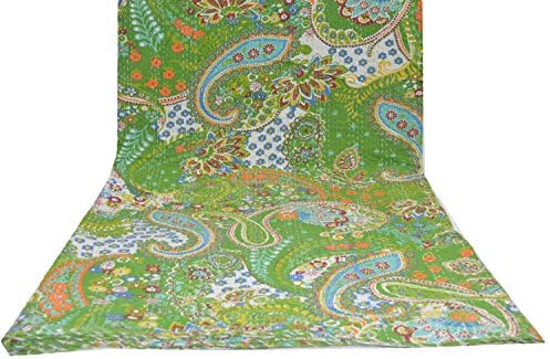 AmazingIndiancrafts Parrot Green Multicolor Paisley Print King Size Kantha Quilt, Kantha Blanket, Bed Cover, King Kantha Bedspread, Bohemian Bedding Size 90x 108 Inch