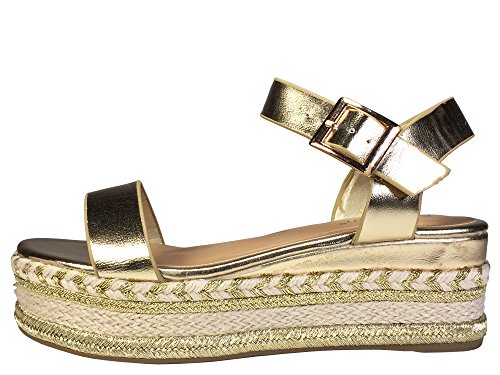 BAMBOO Women's Single Band Espadrilles Platform Sandal with Quarter Strap, Gold, 7.0 B (M) US
