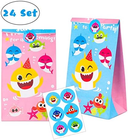 MALLMALL6 Little Shark Candy Treat Bags 24Pcs Birthday Party Shark Family Baby Shower Goodie Candy Party Favor Bags Little Shark Themed Party Dessert Bags with Thank You Stickers for Kids