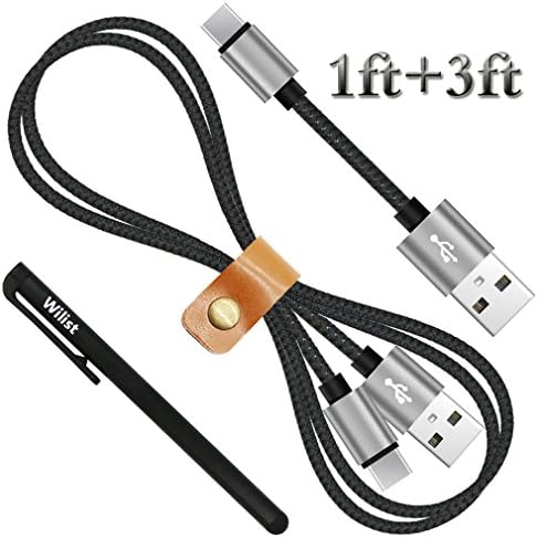 Wilist 2 Pack 1ft + 3ft Short and Long Nylon Braided USB Type C Cable USB C 3.1 to USB A Adapter Data Sync Charging Cord Support Quick Charge 3.0 or 2.0 Charger for USB-C Connector Devices Black