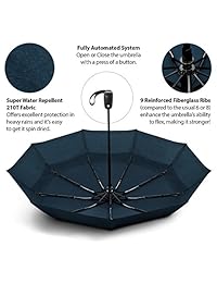 EEZ-Y Compact Travel Umbrella with Windproof Double Canopy Construction - Auto Open and Close Button