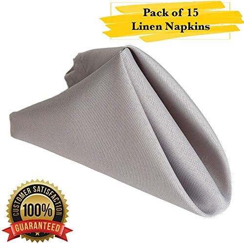 PrimeLyne Premium Polyester Dinner Napkins - 17x17 Stain and Wrinkle Resistant Linen Napkins with Hemmed Edges, Pack of 15 (Silver)