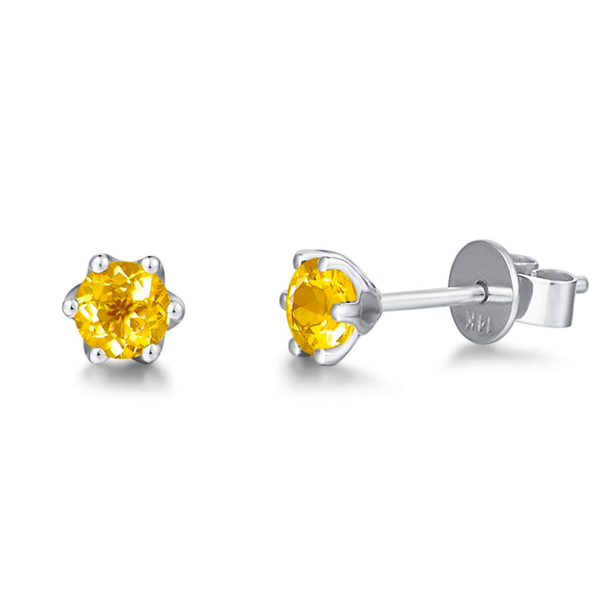 Solid 14 Carat 585 White Gold Small Stud Earrings with Genuine Natural Citrine Jewellery for Ladies Girls Mum - Diameter: 5 mm