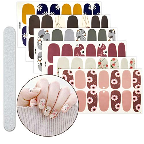 6 Sheets Full Nail Wraps Art Polish Stickers Decal Strips Adhesive False Nail Design Manicure Set With 1Pc Nail Buffers Files For Women Girls