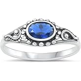 Pierced Owl Oxidized 925 Sterling Silver Oval CZ Crystal Blue Sapphire Ring