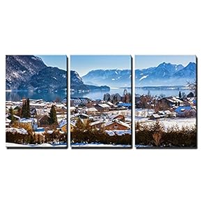 3 Piece Canvas Wall Art - Mountains Ski Resort St Gilgen Austria - Nature and Sport Background - Modern Home Art Stretched and Framed Ready to Hang - 16"x24"x3 Panels