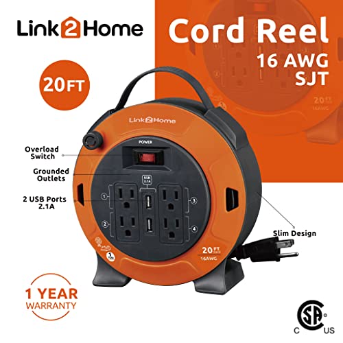 Link2Home Heavy Duty Retractable Extension Cord Reel 20 Ft. With 4