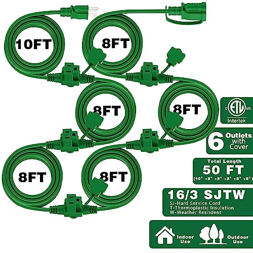 KASONIC Outdoor Extension Cord 50 FT, Evenly Spaced 6 Outlets Plugs, 16