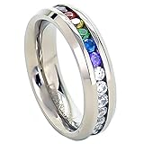FlameReflection 6mm Titanium Unisex Lesbian Gay Pride Wedding Band Rainbow CZ Ring Size 5-13 SPJ