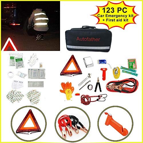 Roadside Assistance Auto Emergency Kit + First Aid Kit with Waterproof Reflective Carrying Bag Contains Jumper Cables, Tools, Safety Triangle, Flashlight for Car Truck RV Camper (123-Piece)