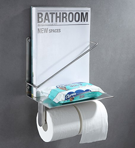 Toilet Paper Holder with Magazine Rack SUS304 Stainless Steel Bathroom Tissue Dispenser Newspaper Storage Organizer Shelf, Brushed Nickel