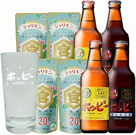 Amazon Co Jp ホッピー グラス付き Hoppy シロ 330ml 2本 クロ 2本 亀甲宮 キンミヤ焼酎シャリキン90ml 4 飲み比べセット 食品 飲料 お酒