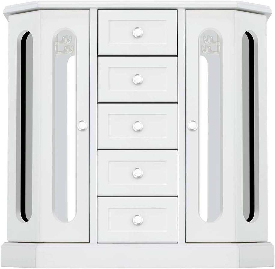 RR ROUND RICH DESIGN Jewelry Box - Made of Solid Wood with Cabinet Type 5 Drawers Organizer and 2 Separated Open Doors on 2 Sides and Large Mirror White: Home & Kitchen
