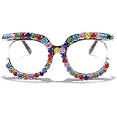 ICARA Diamonds Blue Light Blocking Oversized Glasses Stylish Eyeglasses for Women Round Frame UV400 Protection Eyewear