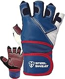 Steel Sweat Weightlifting Gloves with 18-inch Wrist Wrap Support for Workout, Gym and Fitness Training - Best for Men and Women Who Love Weight Lifting - Leather ZED Blue