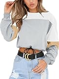 Angashion Womens Sweatshirt-Long Sleeve Drawstring Hem Color Block Crop Top Pullover Tops Light Grey S