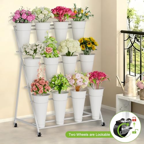 Flower Stand, 3 Tier Flower Display Stand with 12 Buckets, Upgrade Double Circle No Shaking, Outdoor Flower Cart with Wheels for Home, Patio, Garden, Shop, Wedding, Party, Exhibition, Indoor, White (White)