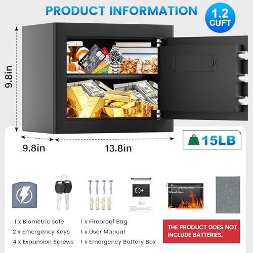 1.25 Cu Ft Fingerprint Safe for Home, Biometric Home Safe Box with Digital Keypad & Backup Keys, Large Steel Security Safe with Alarm System, Removable Shelf & LED Light for Cash Jewelry Documents