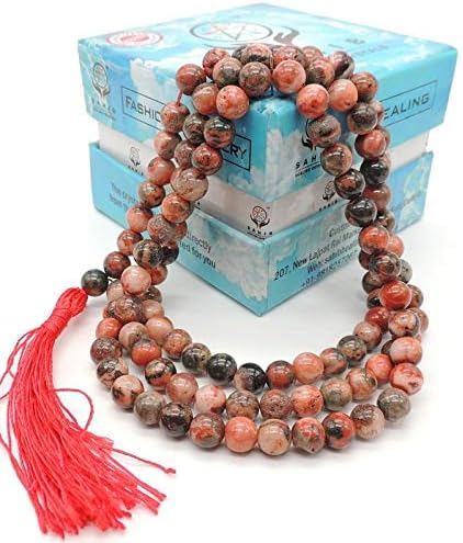 Sahib Healing CrystalsFire Agate Crystal 6 mm 108 Beads Jap Mala Men's and Women's Natural Stone for Reiki Healing; Vastu; Feng Shui