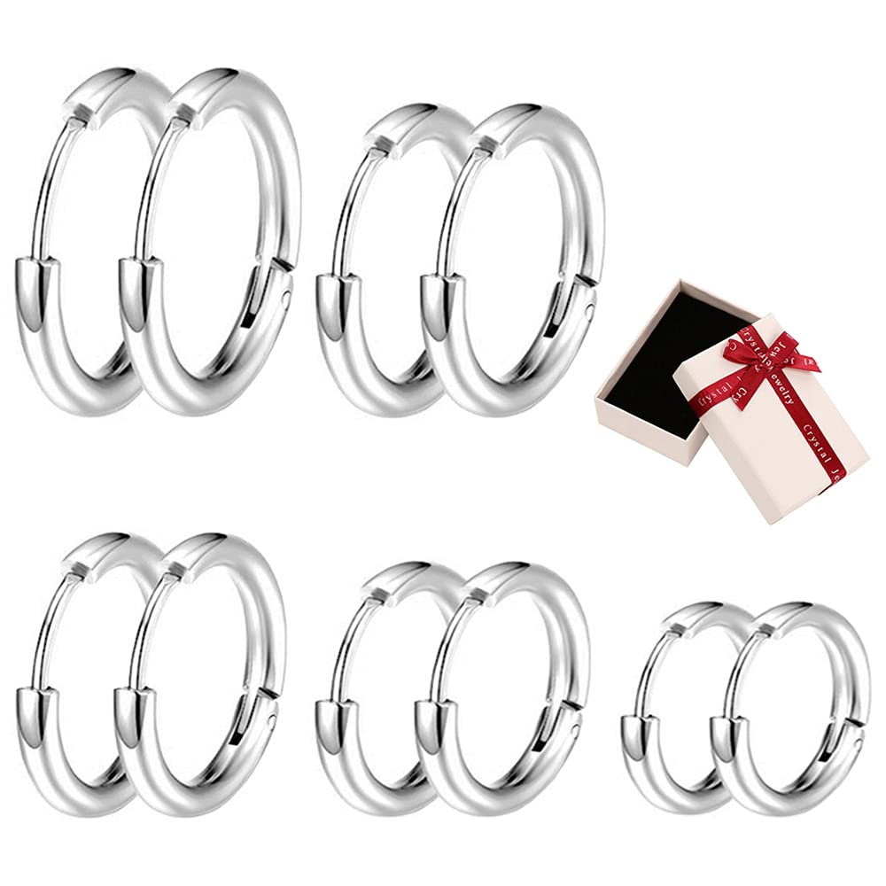 Xihuimay 5 Pairs Titanium Steel Silver Earrings: Round Wire Hooks Loop Drop Dangles Set 16mm Huggie Hoop Leverback Earring Hooks Cartilage Tragus Lever Earrings Post for Women Men
