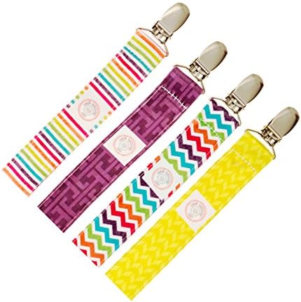 Universal Pacifier Clip Girl by Three Blessings Baby | Clip on Pacifier 4 Pack | 3 Unique 2-Sided Design | Non-Toxic, No Lead &amp; No BPA Soothie Pacifier Holder | Binky Clip Girl (Rainbow)