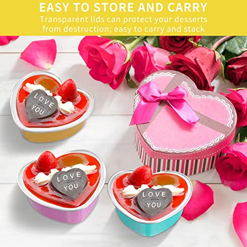 HEYYUMI Mini Heart Shaped Cakes Pans with Lids, 50pcs 3.4oz Disposable