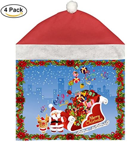 Xkpw 4 PCS father Xmas Red Santa Hat Chair Cover Set for Kitchen