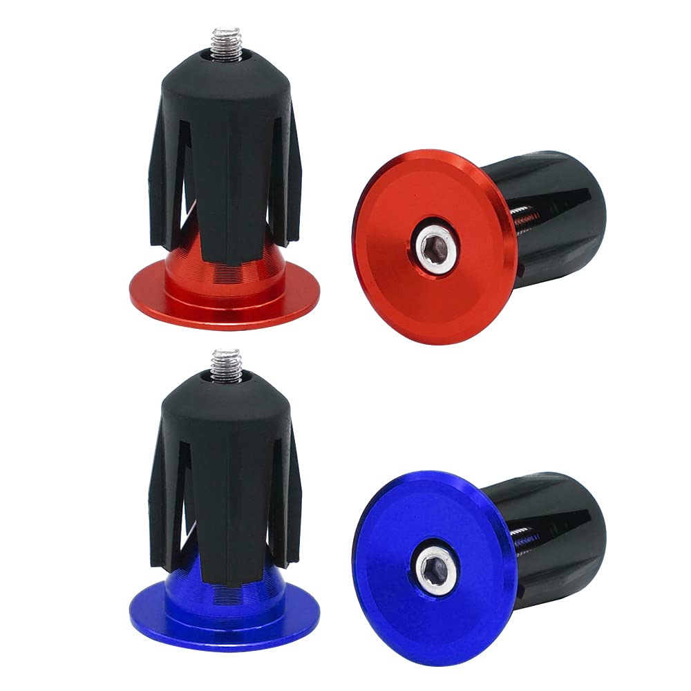 QitinDasen 2 Pairs Bike Handlebar End Plugs, Aluminum Bicycle Bar End Caps, for Road Bike, MTB, BMX (Red + Blue)