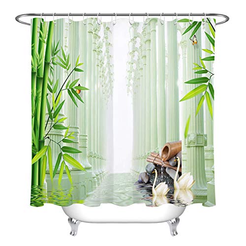 BdhBHDuio Waterproof Fabric Shower Curtain Set Roman Column Background Spa Bamboo Swan Shower Curtain Bath Shower Bathroom Accessories
