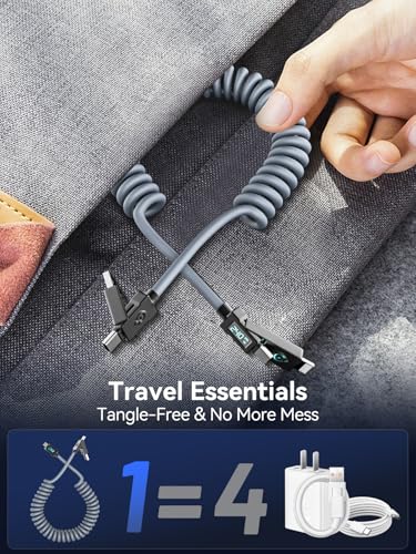 Haiteron 240W Coiled USB C Cable for Car,4 in 1 Charging Cable Fast Charging USB C to USB C Cable with LED Display Combo USB A/C to C/L for iPhone 16/15, iPad, MacBook,Tablets,6FT